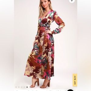 Put on a Smile Burgundy Floral Print Satin Wrap Maxi Dress Lulu’s